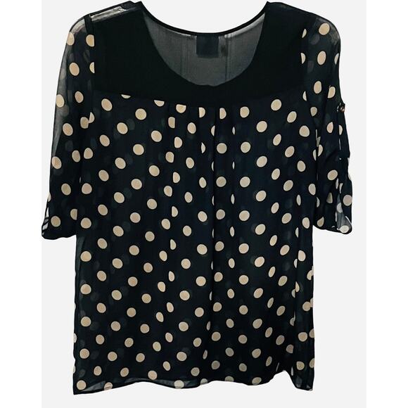 SASSY MATERNITY SHORT SLV, RND NECK, DRESSY BLOUSE, WOMENS, XL-BLACK-TAN CIRCLES - Picture 5 of 11